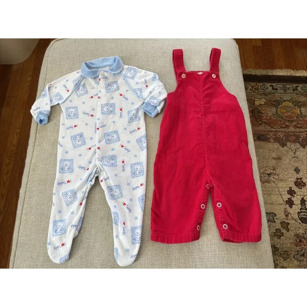 Vintage 70s Lot of 2 Red Corduroy Bib Overalls 6 mths Babygro Baby Sleeper Pjs